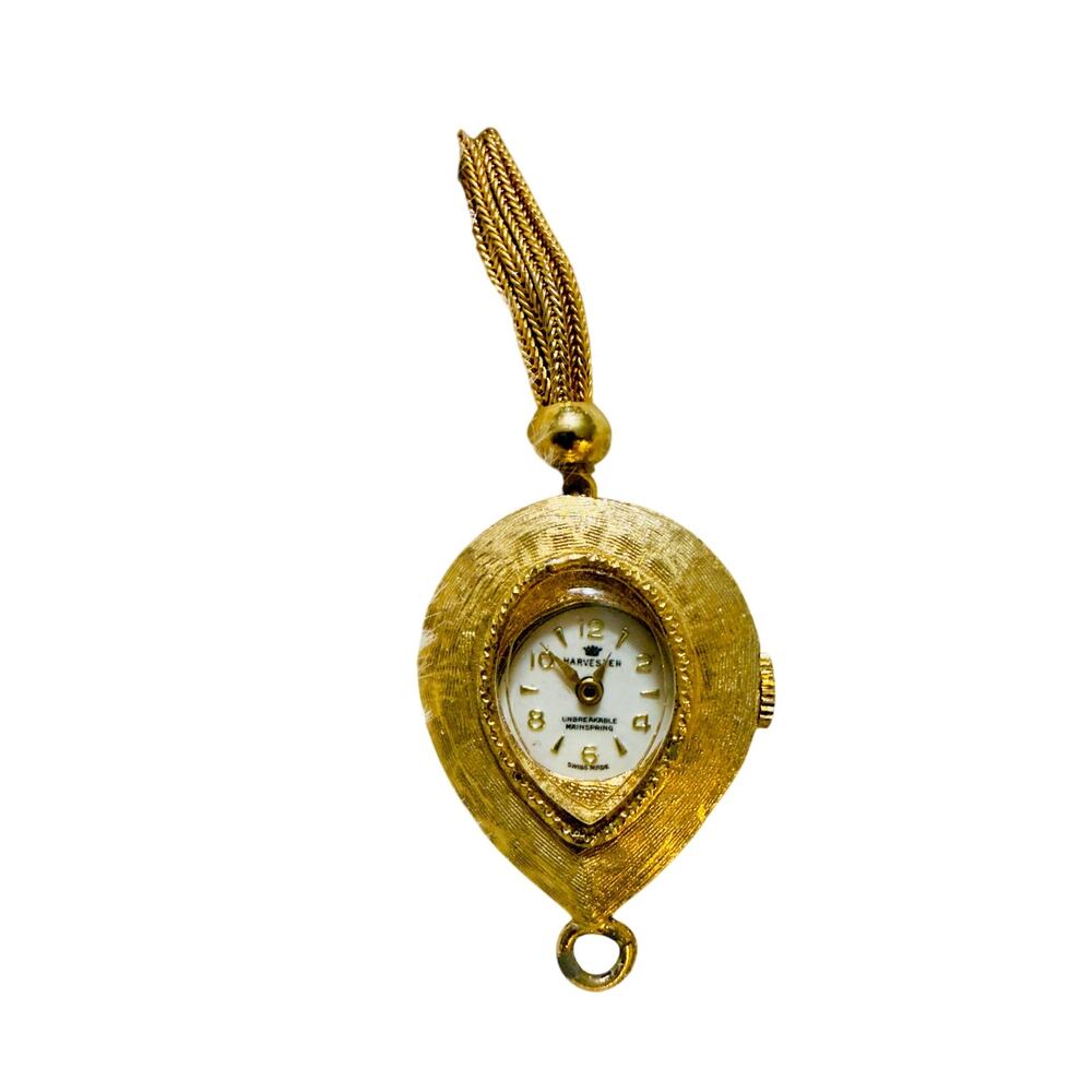 Vintage Harvester Swiss Pendant Watch Gold Tone Tassel Charm  Runs Perfectly